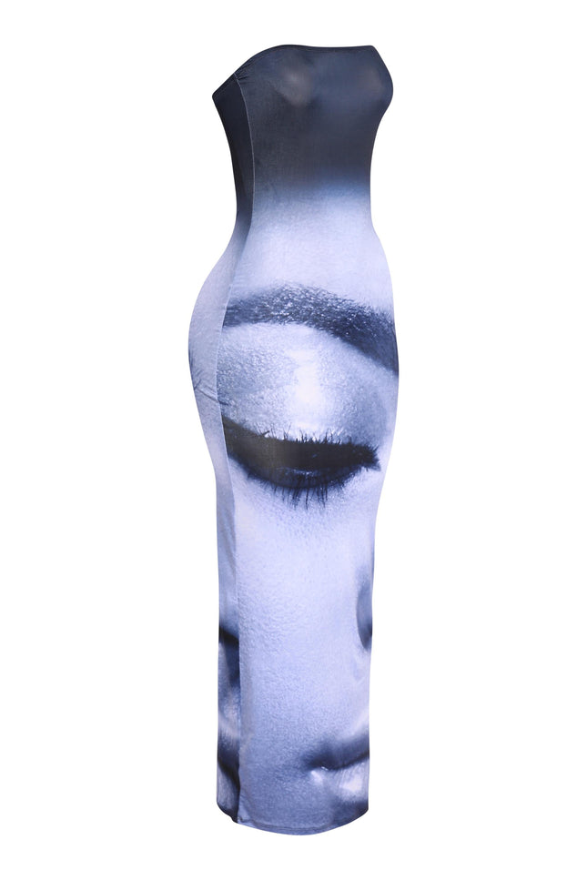 Artistic print strapless maxi dress with subtle gradient and modern fit

