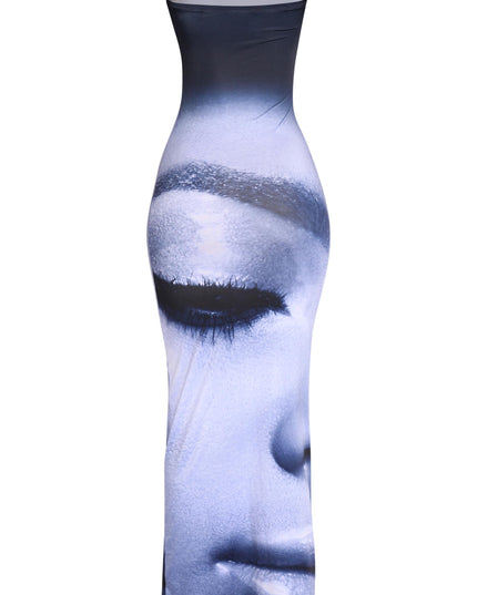 Photorealistic face graphic bodycon tube dress in soft stretch fabric

