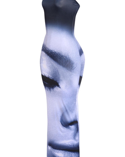 Blue ombré maxi tube dress with surreal face print and slim silhouette

