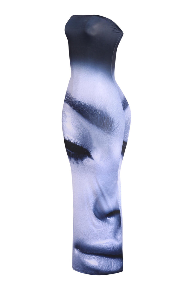 Blue ombré maxi tube dress with surreal face print and slim silhouette

