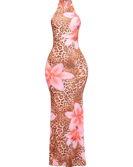 Leopard floral halter neck maxi dress with flared hem and stretch slim fit for spring partywear
