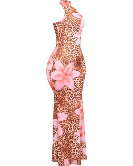 Pink lily and cheetah print maxi dress with sleeveless halter cut and body-skimming silhouette
