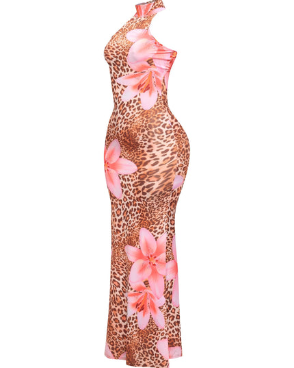 Statement halter maxi dress featuring blush flower and animal print mix in soft stretchy fabric for resort or night-out looks
