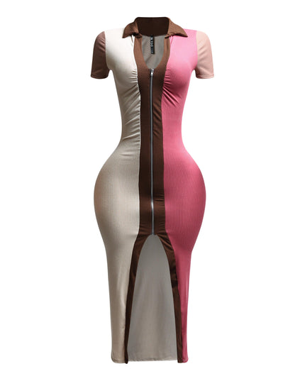 Color blocked zipper closure midi dress - Muvin 