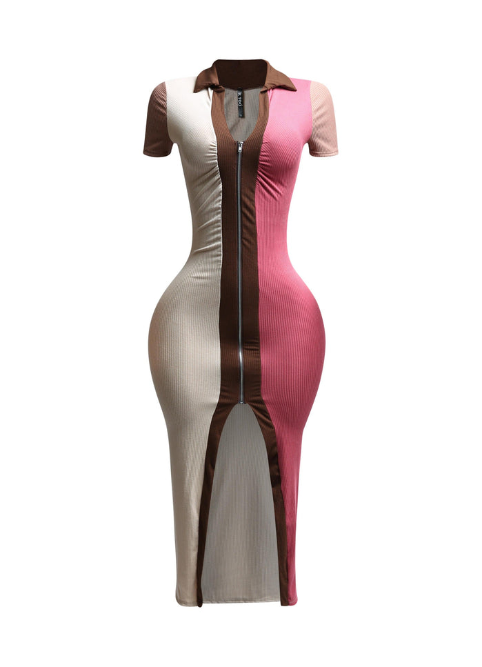 Color blocked zipper closure midi dress - Muvin 