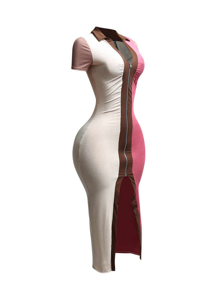 Color blocked zipper closure midi dress - Muvin 