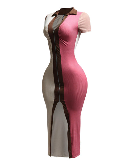 Color blocked zipper closure midi dress - Muvin 