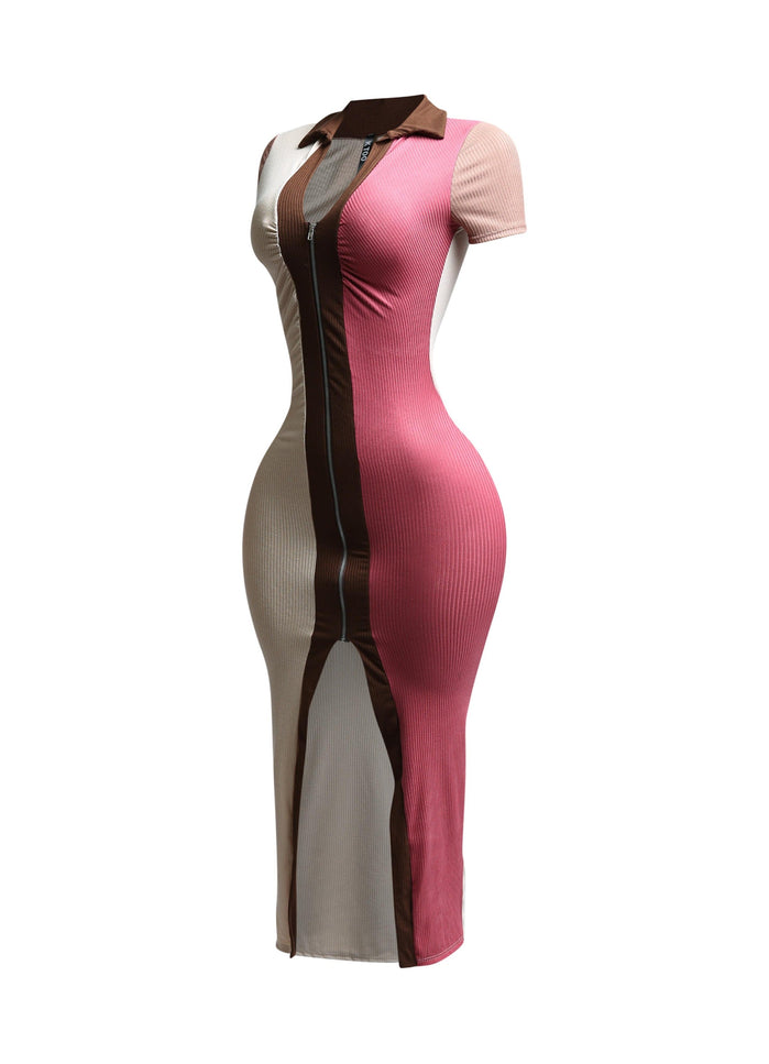 Color blocked zipper closure midi dress - Muvin 