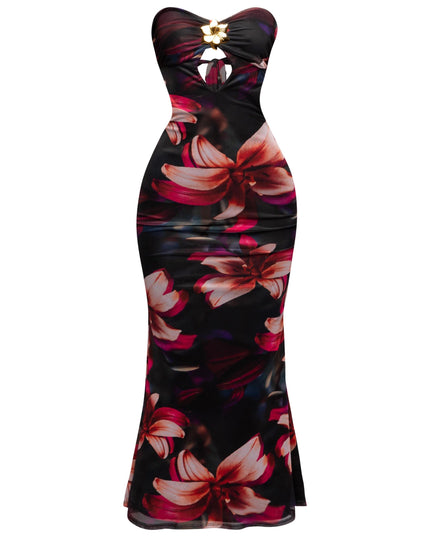 Strapless black floral mesh midi dress with cutouts and gold flower detail

