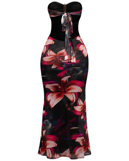 Bold tropical floral print dress with side cutouts and keyhole front

