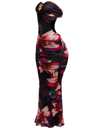 Evening-ready floral bodycon dress in black mesh with gold hardware

