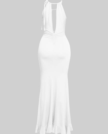 Side angle of white halter maxi with gathered detail at midsection

