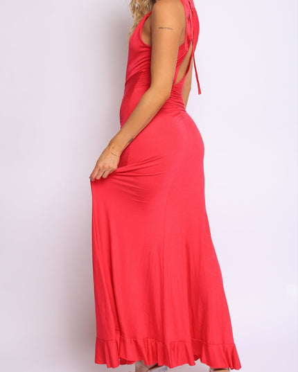 Curve-hugging red sleeveless dress with flounce hem and tie straps

