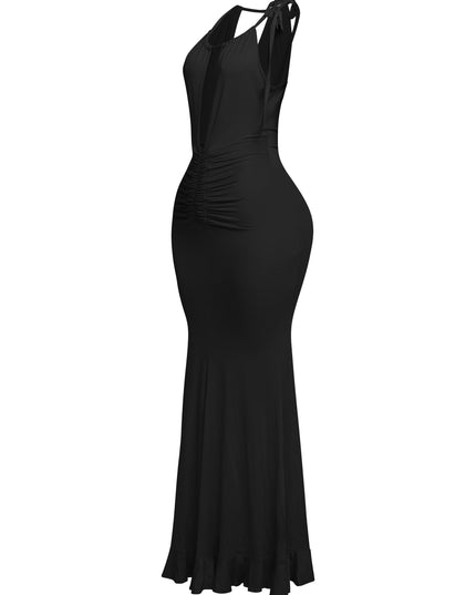 Evening-ready black halter gown with flounce hem and curve fit

