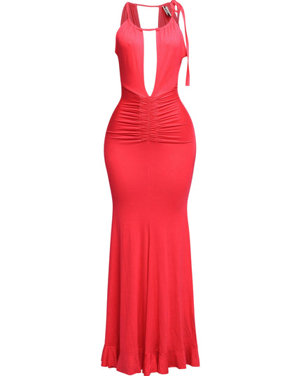 Bright red maxi dress with gathered waist and open front cutout

