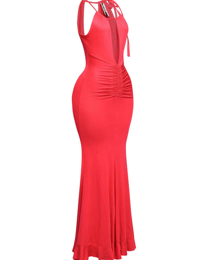 Back view of red dress with deep V drop and ruched back waist

