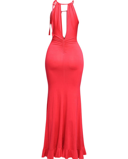 Red evening halter maxi perfect for summer date nights and beach weddings

