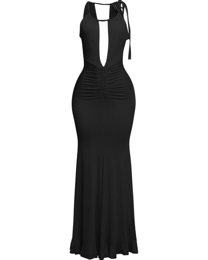 Black halter maxi with sultry deep V cut and cinched waistline

