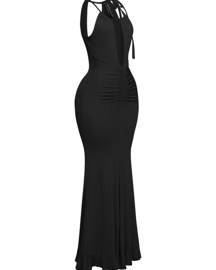 Body-skimming black dress with dramatic neckline and slight flare

