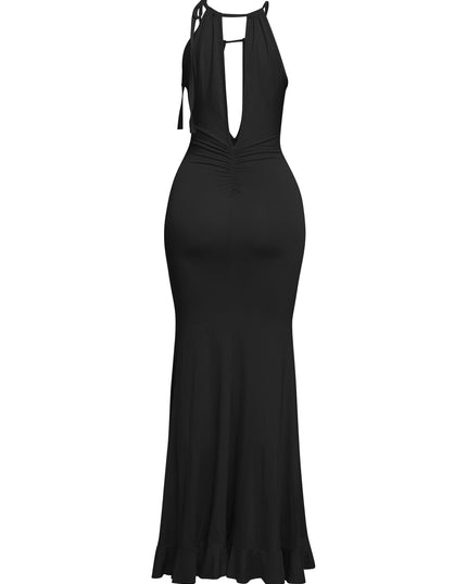 Sleek black plunge dress with shoulder tie and ruched center

