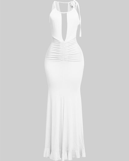 Evening-ready black halter gown with flounce hem and curve fit

