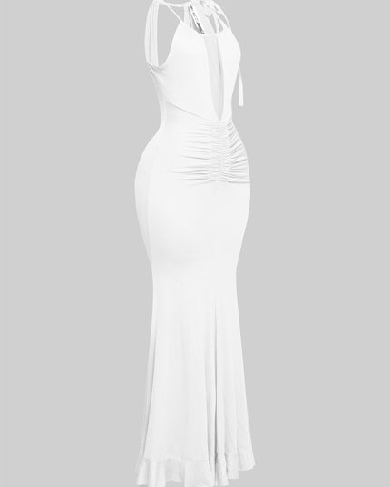 Clean white maxi dress with tie straps and soft stretch finish

