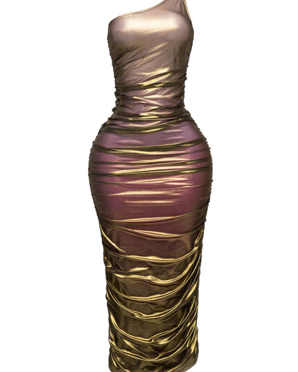 Ombre & gold mesh layered one shoulder maxi dress - Muvin 