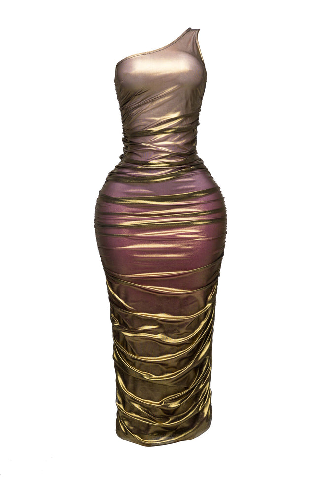 Ombre & gold mesh layered one shoulder maxi dress - Muvin 