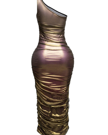 Ombre & gold mesh layered one shoulder maxi dress - Muvin 