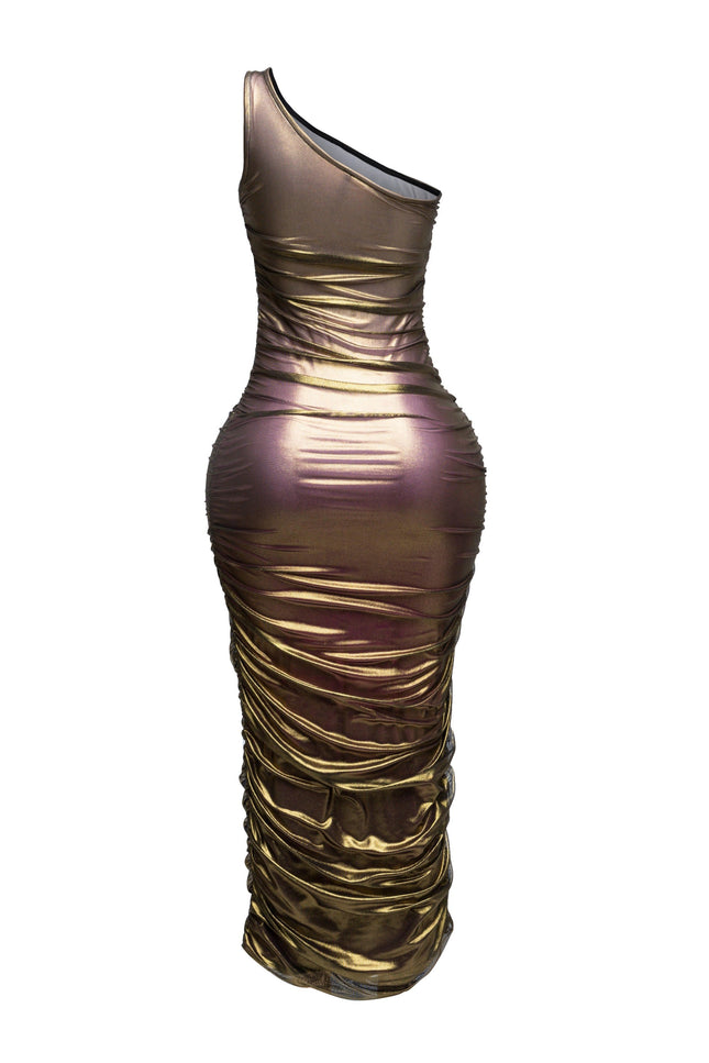 Ombre & gold mesh layered one shoulder maxi dress - Muvin 