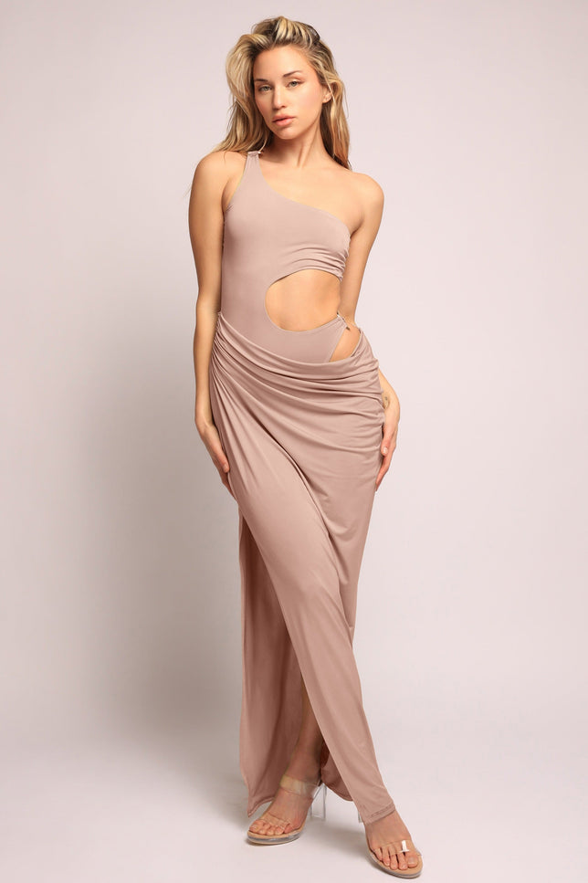 Asymmetric Cut-Out Maxi Dress with Draped Detail.. - Muvin 