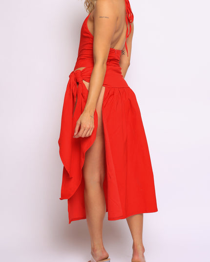 Coastal Flirt Halter Midi Dress with Tie Waist Detail - Muvin 