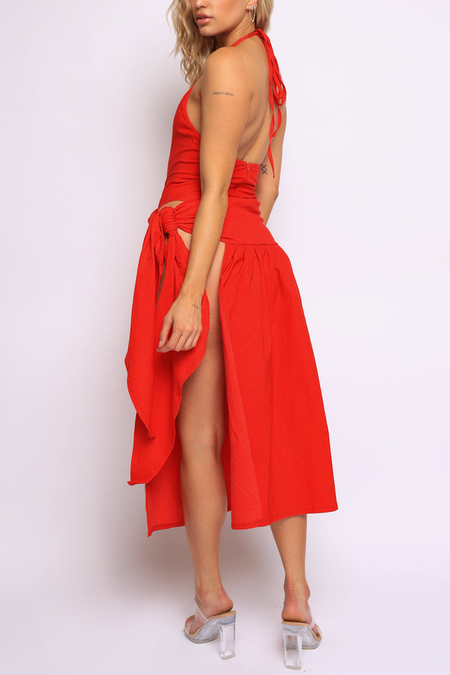 Coastal Flirt Halter Midi Dress with Tie Waist Detail - Muvin 