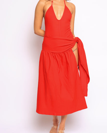 Coastal Flirt Halter Midi Dress with Tie Waist Detail - Muvin 
