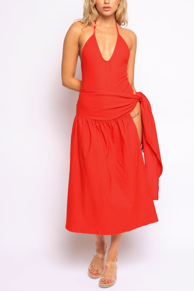 Coastal Flirt Halter Midi Dress with Tie Waist Detail - Muvin 