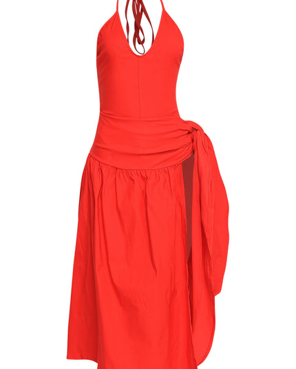 Red halter midi dress with tie waist skirt, high slit detail, and built-in bodysuit base