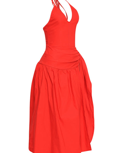 Sleek red tie-front midi dress featuring side slit and contoured silhouette