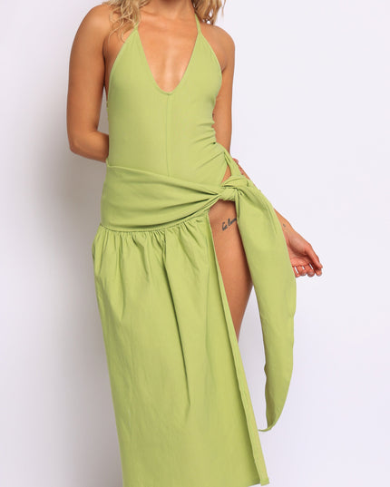 Coastal Flirt Halter Midi Dress with Tie Waist Detail - Muvin 