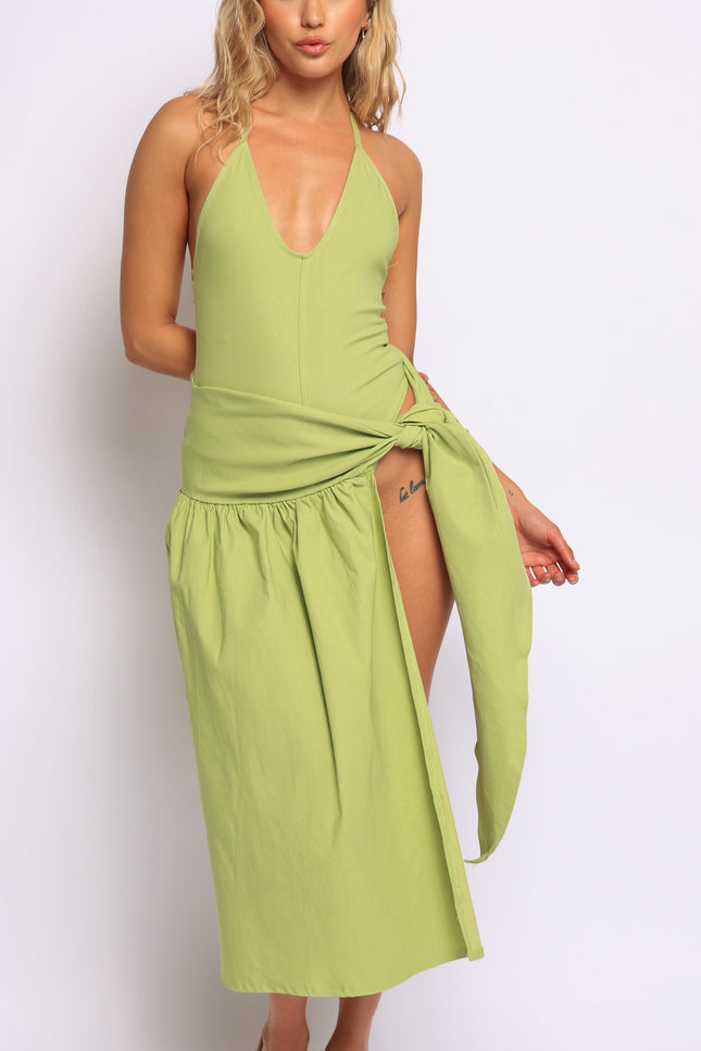 Coastal Flirt Halter Midi Dress with Tie Waist Detail - Muvin 