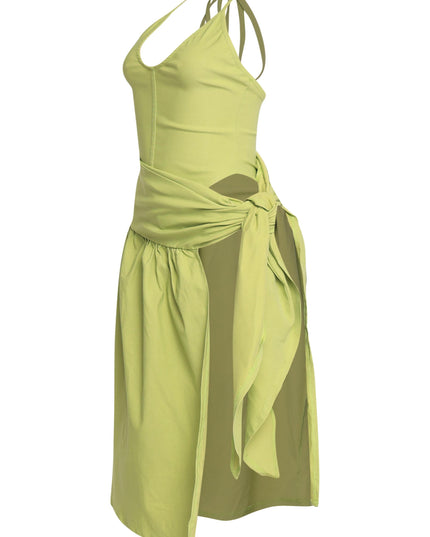 Vibrant greenish-yellow midi with cutout wrap overlay and body-contouring shape
