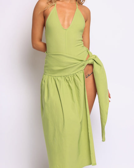 Coastal Flirt Halter Midi Dress with Tie Waist Detail - Muvin 