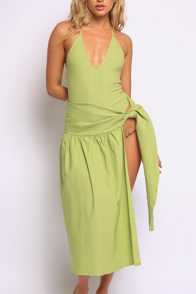 Coastal Flirt Halter Midi Dress with Tie Waist Detail - Muvin 