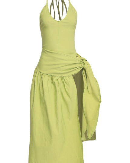 Chartreuse halter midi dress with bold waist tie and open slit skirt detail
