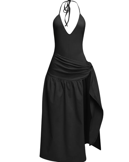 Black halter cutout midi dress with high slit overlay and waist tie detail