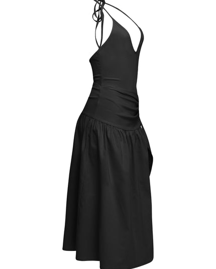 Sleek black tie-waist dress with one-sided open skirt and sexy snap bodysuit lining