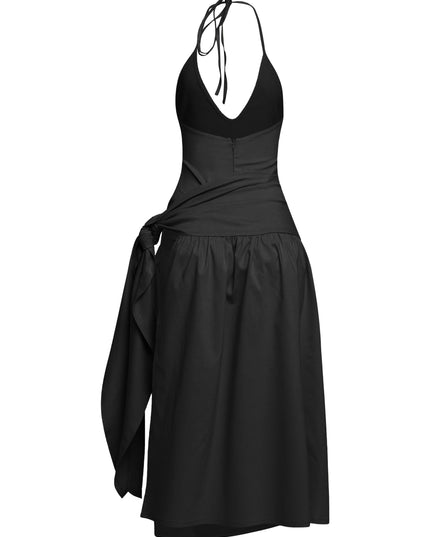 Elegant black halter midi with dramatic leg slit and subtle stretch in woven fabric
