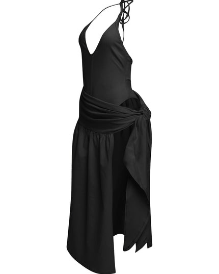 Black bodycon-style midi dress with wrap detail and plunge neckline, perfect for night looks