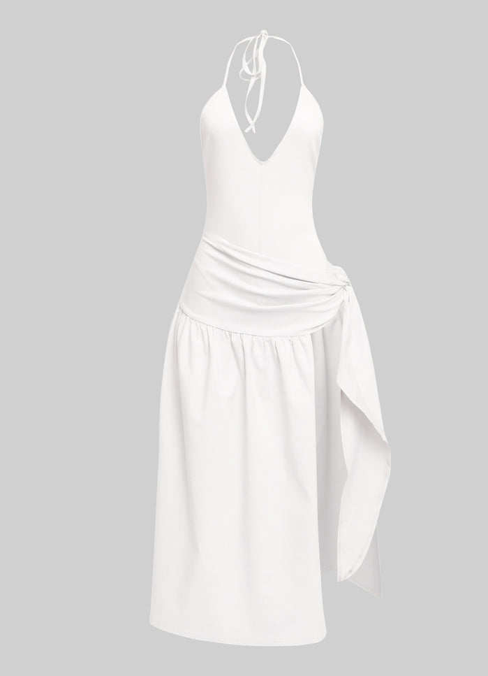 White halter midi dress with flirty side slit, built-in bodysuit, and waist wrap overlay