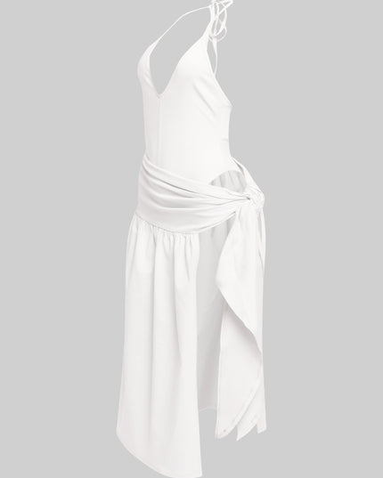 Chic white dress with tie-side open skirt and deep V neckline for summer styling