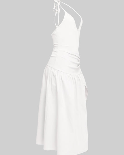 White cutout midi featuring woven fabric with light stretch and curve-hugging fit